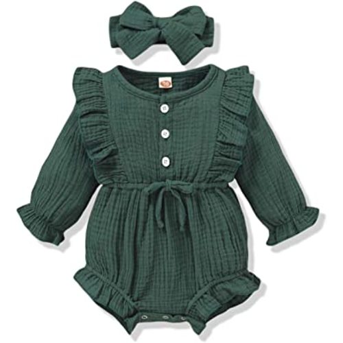 Renotemy Newborn Infant Baby Girl Clothes Cotton Linen Rompers Solid Ruffle Jumpsuits Infant Baby Clothes Girl