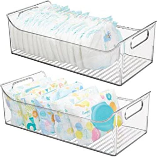mDesign Portable Nursery Storage Plastic Baby Organizer Storage Caddy Bin w/Handles for Kids/Child Essentials - Holds Diapers, Wipes, Bottles, Baby Food - 16" Long - Ligne Collection - 2 Pack - Clear