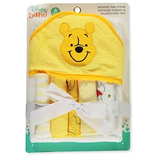 Cudlie Accessories Disney Baby Winnie The Pooh Hooded Towel with 5 Piece Washcloth Set, Honey Collector Print, GS71798, Yellow