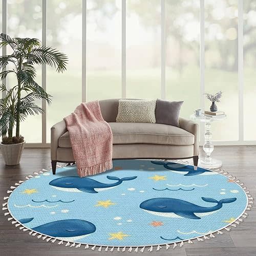 Ocean Beach Area Rugs Cute Whales sea Whale Starfish Waves Marine Animal Round Boho Area Rug Playmat Washable Hallway Runner Mat for Nursery Kid Room Bedroom Decoration Children Gift 6ft