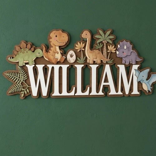 Personalized Dinosaur Name Sign for Nursery, Custom Wooden Baby Name Plate Door Sign, Dino Kids Wall Decor, 3D Layered Nursery Sign