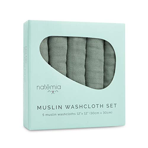 Natemia Muslin Baby Washcloths for Newborn - Premium Wash Cloths for Babies, Super Absorbent and Ultra Soft Rayon Made from Bamboo, 6 Layer Baby Girl and Baby Boy Washcloths, 5 Piece Set