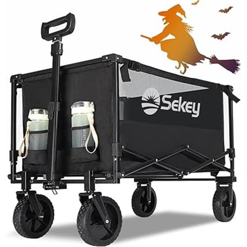 Sekey Collapsible Foldable Wagon with 330lbs Weight Capacity, Heavy Duty Folding Utility Garden Cart with Big All-Terrain Beach Wheels & Drink Holders. Black