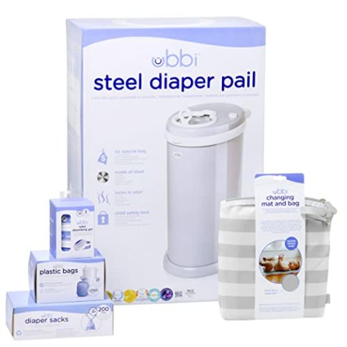 Ubbi Diaper Changing Value Set, Odor Locking Modern Design Baby Accessory, Must Have Set Includes Grey Diaper Sacks, Absorbing Gel, Travel Changing Mat and Diaper Pail Waste Bags
