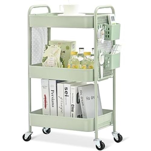 TOOLF Metal Utility Carts, 3 Tier Rolling Carts with Wheels, Storage Organizer with Pegboard Hooks Bins for Bathroom Kitchen Laundry Office, Three Tier Cart for Book Diaper & Art Supplies, Green