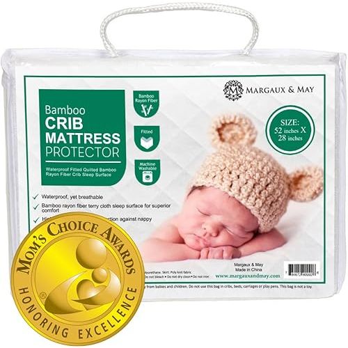 Crib Mattress Protector Pad - Ultra-Soft Waterproof Breathable Premium Bamboo Rayon - Noiseless Fitted Dryer Safe Cover. High Absorbency Oeko-TEX Certified (28 x 52 x 9 inches) MARGAUX & MAY