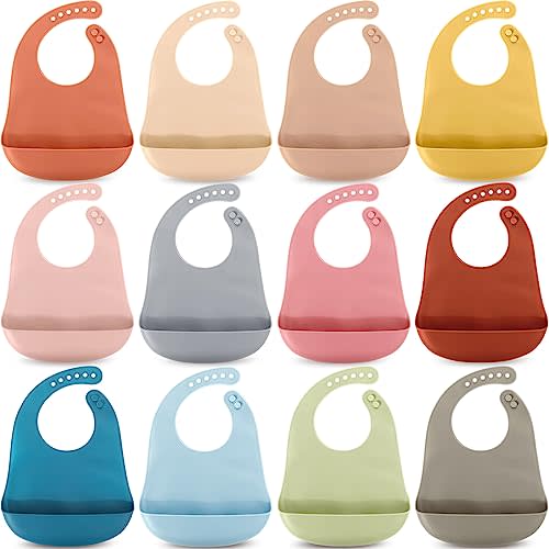 Mepase 12 Pcs Silicone Bibs Waterproof Silicone Baby Bibs Soft Adjustable Baby Feeding Unisex Baby Eating Supplies(Fresh Color)