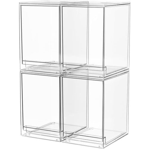 A-LuGei 【𝟰𝗣𝗖𝗦】 Acrylic Stackable Drawers, 8.7" H Makeup Organizer, Bathroom Organizer and Storage, Plastic Storage Bins for Kitchen Cabinet Pantry Medicine Fridge
