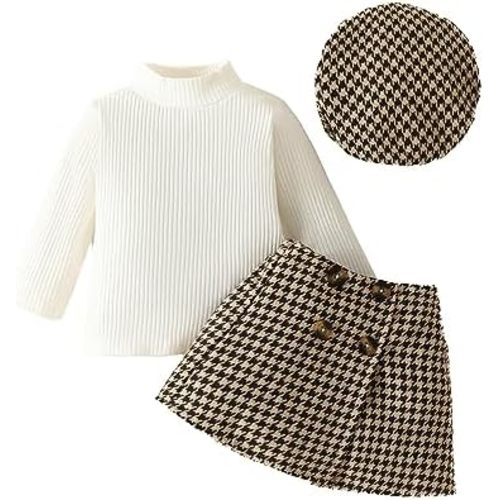 VISGOGO Toddler Girl Skirts Outfit Ribbed Long Sleeve Tops Plaid Tweed Pattern Skirt Beret Baby Fall Winter Clothes