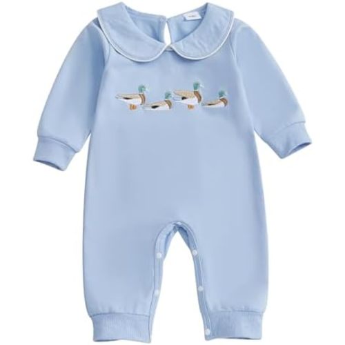 Baby Boy Fall Clothes Smocked Mallard Duck Outfits Long Sleeve Romper Newborn One Piece Jumpsuit Infant Clothing