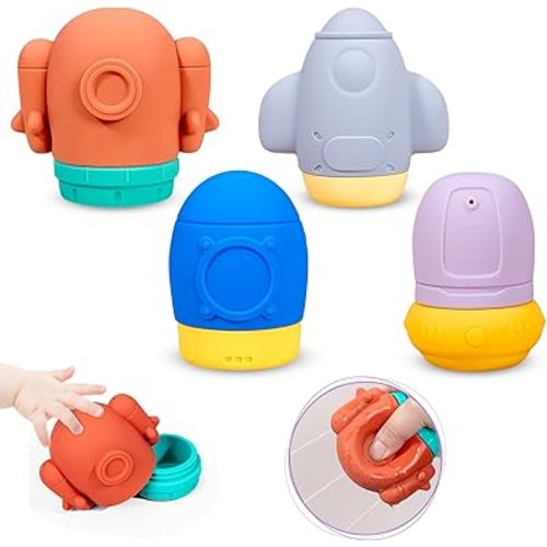Baby Bath Toys, iselyn Space Shaped Mold Free Silicone Bath Toys for Toddlers Non -Toxic Water Toys for Tub Beach Pool-BPA-Free (Pack of 4)