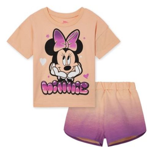 Disney Minnie Mouse Infant Baby Girls T-Shirt and French Terry Shorts Outfit Set Airbrush Peach / Purple 18 Months