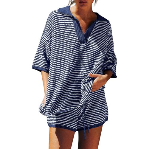 Tankaneo Womens Sweater Set 2 Piece Outfits Oversized 3/4 Sleeve V Neck Knit Tops High Waisted Shorts Lounge Sets