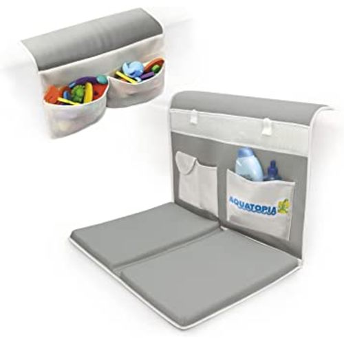 AQUATOPIA - Baby Bath Kneeler and Elbow Rest Pad Set, Washable Baby Bath Kneeling Pad for Bathing Baby, Bathtub Toy Organizer, Baby Bath Essentials, Non-Skid Base, Suction Cups, & Front Pockets, Gray