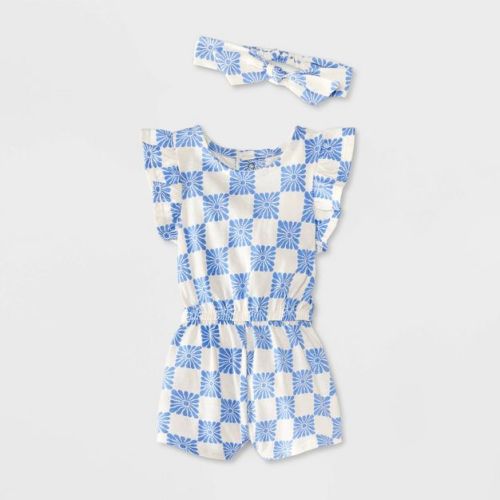 Grayson Mini Baby Romper & Headband - Blue Checker 6-9m