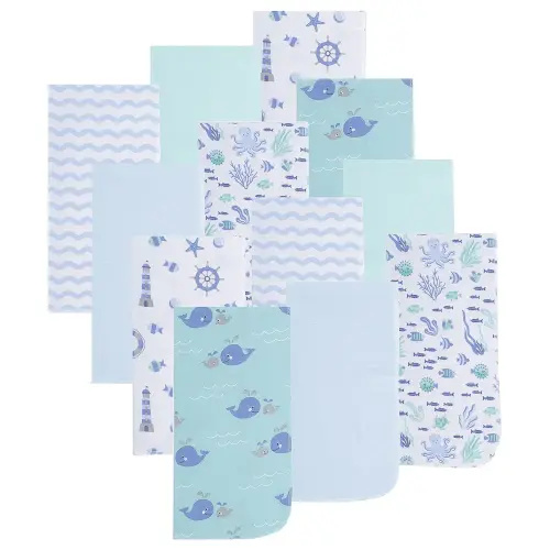 EVERYDAY KIDS 12 Pack Burp Cloths for Baby Boy; Newborn Essential with - Large Absorbent Cotton Flannel Blue/Teal Burping Cloths for Babies with Ocean, Sea Shells, Sailboats and Fish Prints and Solids
