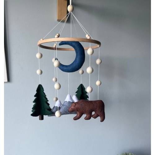 Forest baby mobile, mountains and trees crib mobile, green floral baby mobile, hanging mobile, woodland crib mobile, bear nursery mobile
