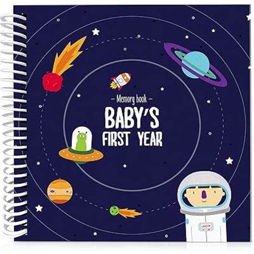 Astronaut Theme First Year Baby Memory Book | 12 Stickers Included | 1st Photo Album with stickers and frames to add your pictures in a gorgeous way | Outer Space Edition | Great Gift for new Moms
