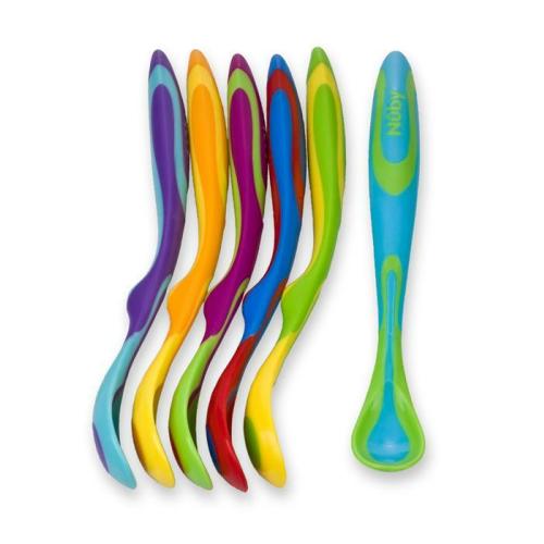 Nuby Fun Feeding Weaning Spoon 6-Pack - Bright Colors - Long Easy Grip Handle