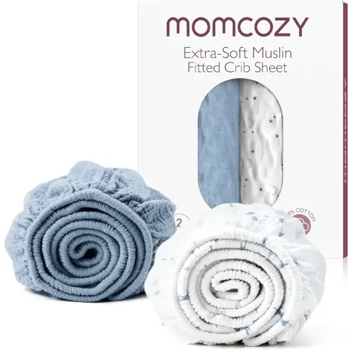 Momcozy Muslin Fitted Mini Crib Sheets, 38''x26'', 2 Pack Soft Breathable Natural Cotton Baby Mattress Sheet, 360° Mattress Wrapping No Slip Boys Girls Neutral Toddler Bed Sheet, Blue Star Moon