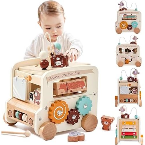 Wooden Activity Cube 8-in-1 Montessori Toys | Multifunctional Early Educational Learning Toys | Activity Cube for Baby Shape Sorter Xylophone Animal Travel Bus Toys Boy Girl Birthday Gift（Beige Bus）