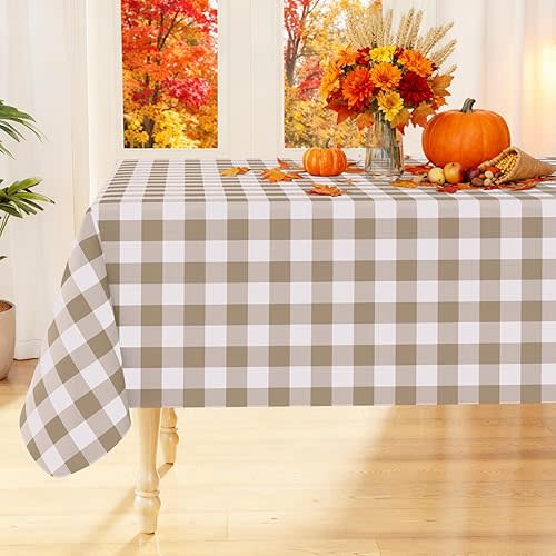 Smiry Rectangle Table Cloth, Waterproof Vinyl Tablecloths with Flannel Backing, Wipeable Buffalo Plaid Table Cover for Dining, Indoor and Outdoor (Khaki & White, 60"x84")