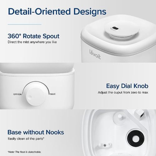 LEVOIT Top Fill Humidifiers for Bedroom, 2.5L Tank for Large Room, Easy to Fill & Clean, 28dB Quiet Cool Mist Air Humidifier for Home Baby Nursery & Plants, Auto Shut-off and BPA-Free for Safety, 25H