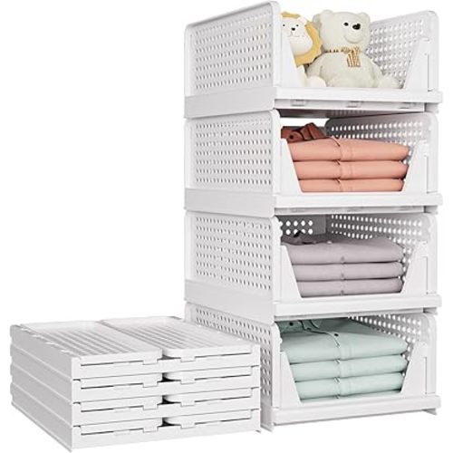 SNSLXH 5 Pack Stackable Closet Storage Basket, Multifunctional & Foldable Closet Organizer for Bathroom Kitchen Laundry Room Wardrobe Storage, Space-Saving Clothes Storage Drawer Organizer, White
