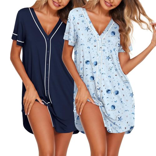 Ekouaer Nightgowns for Women 2 Pack Button Down Sleep Shirts Short Sleeve Night Shirts V Neck Sleepwear Soft Pajama Dress