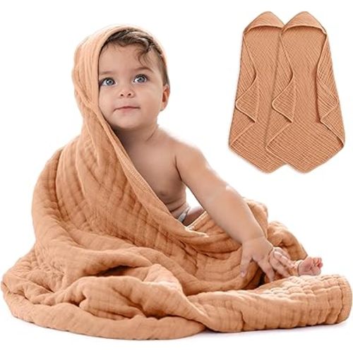 Comfy Cubs 2 Pack Baby Hooded 9 Layer Muslin Cotton Towel for Kids, Large 32” x 32”, Ultra Soft, Warm, and Absorbent Baby Essentials Bath Towels, Cute Unisex Cover for Girls and Boys (2 Pack, Caramel)