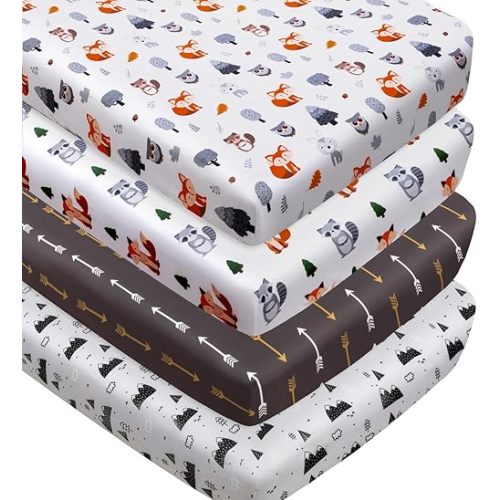 4 Pack Woodland Forest Animals Wood Neutral Unisex Fitted Baby Crib Sheets Set for Baby Boys or Girls Fox