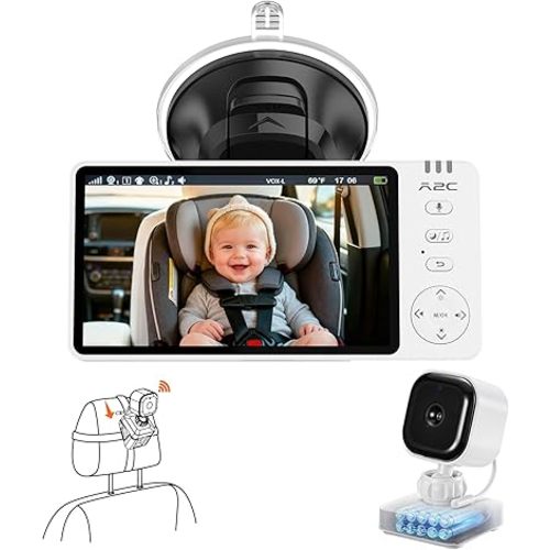 A2C Monitor inalámbrico de coche para bebé, cámara de automóvil de bebé alimentada por batería para asiento trasero y hogar, pantalla de visión nocturna automática HD 1080P de 5 pulgadas con batería