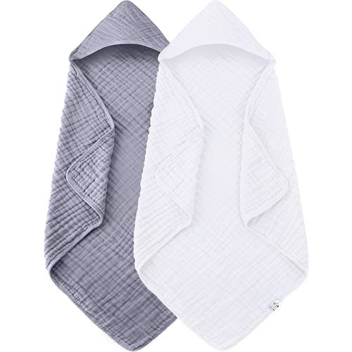 2 Pack Hooded Baby Towels - 100% Muslin Cotton for Newborns, Infants, Toddlers - Large 32x32Inch Size - Highly Absorbent and Essential for Newborn Care, White and Grey