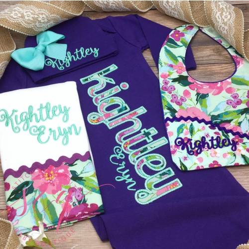 Baby girl coming home outfit, Purple and mint newborn gown girl, Newborn gown and hat set, Hospital Coming home outfit
