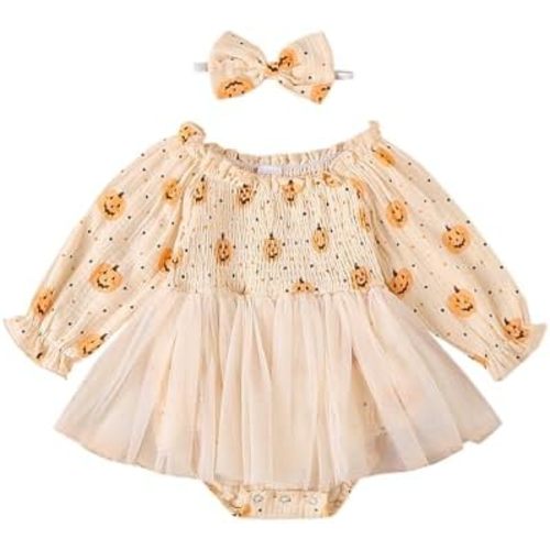 Baby Girl Halloween Outfit Newborn Pumpkin Romper Dress Puff Sleeve Ruffle Bodysuit Jumpsuit Fall Clothes