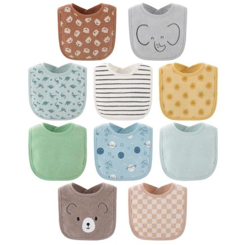 The Peanutshell Terry Baby Bib Set for Boys or Girls, 10-Pack, Feeding, Teething, Drooling, Soft Neutral