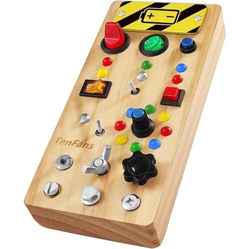 TenFans Montessori Busy Board with 8 LED Light Modes - Sensory Toys for 1-3 Year Olds & Airplane Travel, Wooden Activity Board Develops Fine Motor Skills