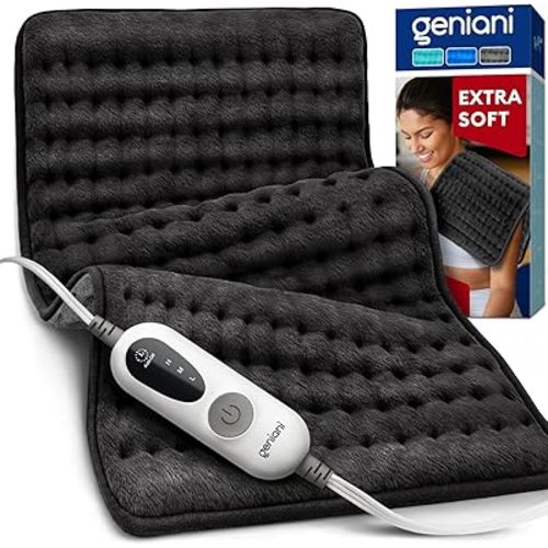 GENIANI Electric Heating Pad for Back Pain & Cramps Relief, Electric Throw, Auto Shut Off, Machine Washable, Double Sided Heating Pad for Neck & Shoulder (12×24", Charcoal Black)