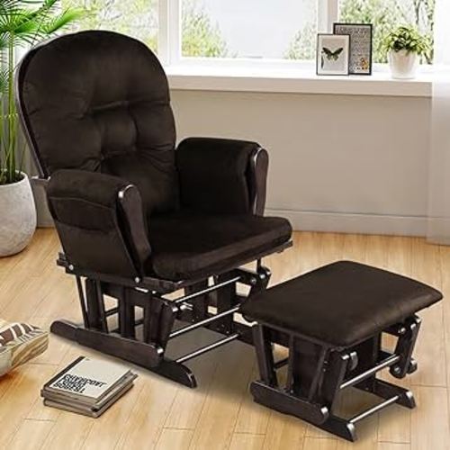 Costzon Glider and Ottoman Set, Wood Glider Rocker for Nursery, Upholstered Comfort Nursing Rocking Chair with Storage Pocket, Padded Armrests & Detachable Cushion, Easy to Assemble (Brown)