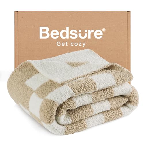 Bedsure Checkered Throw Blanket for Couch - Super Soft, Cozy & Warm Knit Blanket, Breathable, Lightweight & Fluffy for Bed & Sofa, Checkered Beige, 60x80 Inches