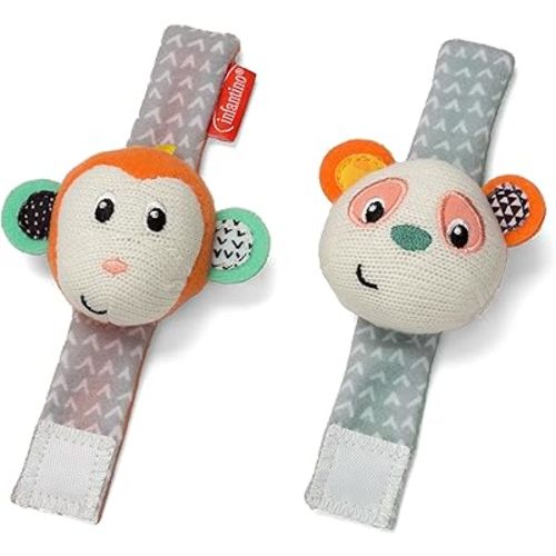 Infantino Baby Wrist Rattles, Monkey and Panda-Themed, 1-Piece Set for Babies 0M+