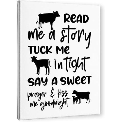 PHAMTE Cow Nursery Decor, Cow Wall Decor- Read Me a Story Tuck Me In Tight, Farm Nursery Decor, Farm Animal Cow Poster Print Framed Canvas Painting For Kids Bedroom Nursery Home Decor(11x14 Inch)