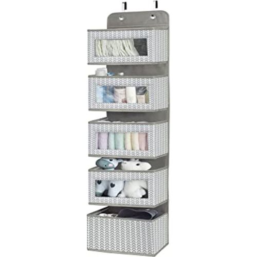 Over the Door Hanging Organizer with 5 Large Pockets - Wall Mount Pantry Storage with Clear PVC Window & 2 Big Metal Hooks for Closet,Bathroom,Nursery,Bedroom,Dorm,Baby Diapers,Kids Toys (Gray)