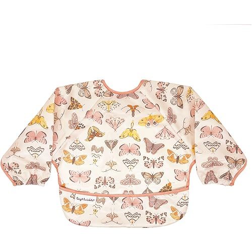 Tiny Twinkle Mess Proof Baby Bib, Cute Full Sleeve Bib Outfit, Waterproof Bibs for Toddlers, Machine Washable, Tug Proof, Baby Smock for Eating, Long Sleeved (Flutter, Small 6-24 Months)