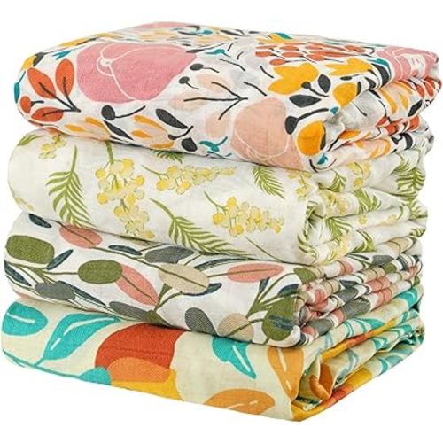 4 Set Muslin Swaddle Blankets for Newborn Baby Boys, Girls,Receiving Blankets-Cute Soft Print Baby Towel Wrap 120x110cm Baby(Leaf)