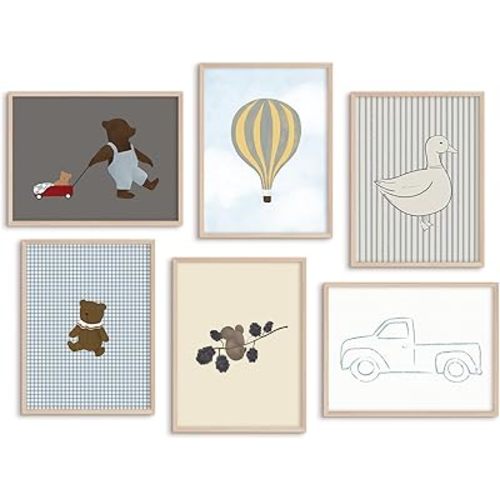 Olctedo Boy Nursery Wall Art Baby Room Canvas Wall Decor Vintage Nursery Prints Teddy Bear Boy Poster Toddler Wall Art Blue Truck Pictures Hot Air Balloon Painting for Bedroom 8x10x6 Inch Unframed