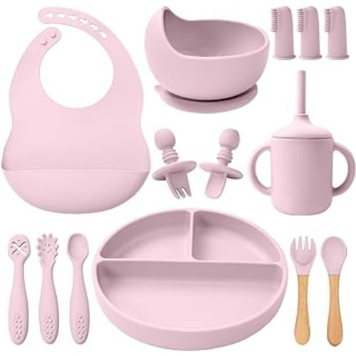 LITTLE RAWR Silicone Baby Feeding Set 14 Pcs,Baby Led Weaning Supplies, Baby Spoons Suction Bowl Divided Plate Bib Cup Finger Brush,First Stage Solid Food Eating Utensils - 6+ Months(Light Pink)