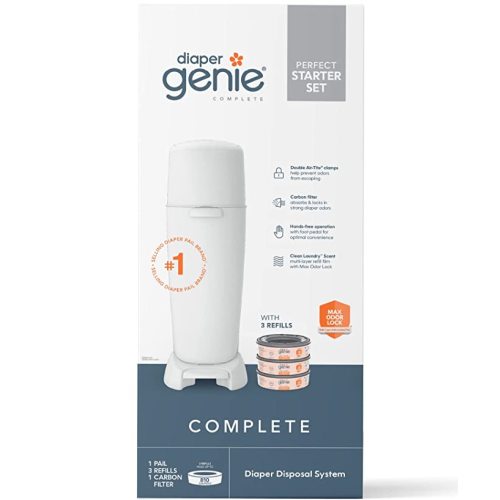 Diaper Genie Complete Diaper Pail (White) with Antimicrobial Odor Control | Includes 1 Diaper Trash Can, 3 Refill Bags, 1 Carbon Filter - Pail + 3 Refill