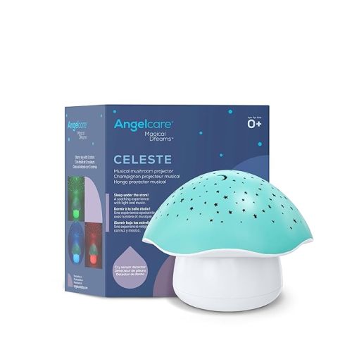Angelcare Celeste Musical Mushroom Night Light Baby Projector - Sleep Soother with Adjustable Volume Lullabies, White Noises, 3 Night Light Colors, and Cry Sensor Detector