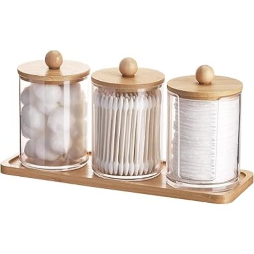 Tbestmax 10 oz Qtip Holder with Vanity Tray, 3 Pack Cotton Swab/Ball/Pad Dispenser Apothecary Jar, Clear Bathroom Containers Dispenser for Storage Bamboo Lids